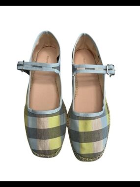 Anthropologie Blue, Yellow & Gray Plaid Espadrille Mary Janes
